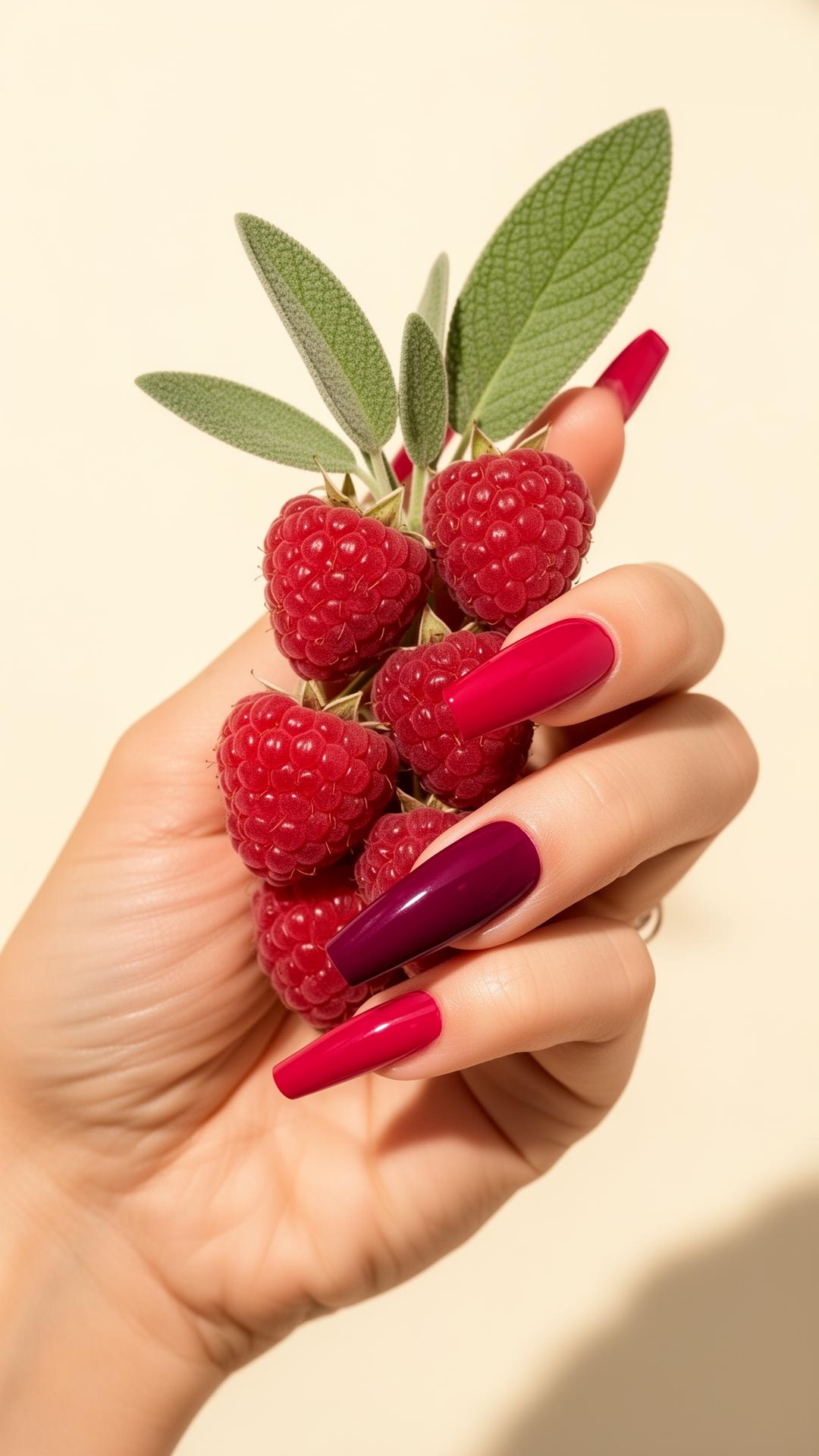 Hand with glossy raspberry press-on nails holding fresh raspberries and sage leaves